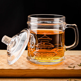 LOVWISH 乐唯诗 加厚耐热玻璃茶杯 带盖茶饮杯盖杯 带把杯子办公家用喝水杯泡茶杯 宫廷 350ml 1只