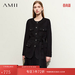 AMII 2023冬圆领撞色花朵扣配腰带全羊毛双面呢女香风毛呢外套 黑色 155/80A/S