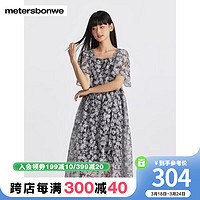 美特斯邦威（Meters Bonwe）连衣裙女士2024夏季简约方领舒适拼接肌理面料裙子 黑色碎花 155/S