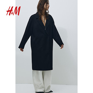 H&M HM女装毛呢外套2024春季新款中长款双排扣及膝后开叉大衣1205043