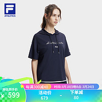 FILA 斐乐 女子针织短袖连帽上衣2024夏季运动宽松T恤 RD宝蓝-NV 170/88A/L