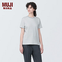 MUJI 無印良品 无印良品（MUJI）女式双罗纹编织 圆领短袖T恤上衣打底衫女款内搭早春新品BBA92A4S 灰色条纹 XL 165/92A