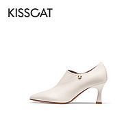 KISSCAT 接吻猫 2023秋季新款时尚精致真皮鞋尖头乐福鞋细跟优雅时装靴女