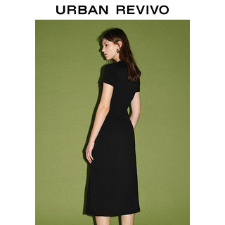 URBAN REVIVO 女收褶开衩圆领修身连衣裙 UWJ740014