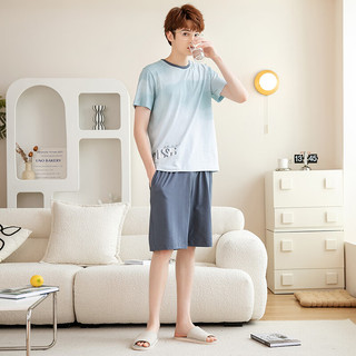 芬腾睡衣男【纯棉潮流范】2024年夏季薄款圆领英文外穿短袖家居服套装 冰兰 XXL