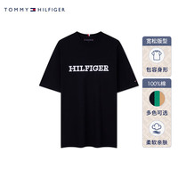 TOMMY HILFIGER 24春季男纯棉休闲通勤刺绣字母宽松短袖T恤MW0MW36034 藏青色DW5 L (:150-170斤)
