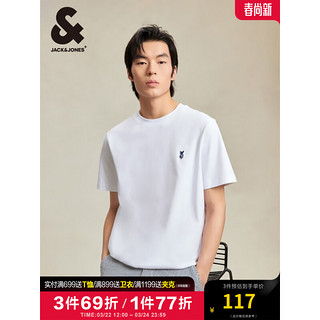 杰克·琼斯（JACK&JONES）法斗刺绣短袖T恤休闲舒适透气宽松时尚潮流男224201212 A06本白色