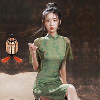 JK&JS 改良旗袍高级感夏季少女复古网纱中长款短袖连衣裙