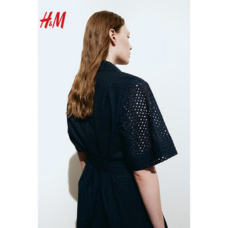 H&M2024春季女装镂空刺绣衬衫式连衣裙1222963 海军蓝 160/88A