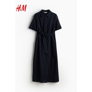 H&M2024春季女装镂空刺绣衬衫式连衣裙1222963 海军蓝 160/88A