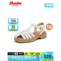 Bata包头凉鞋女2024夏商场牛皮镂空复古丁字鞋罗马鞋AYK08BL4 米白 38