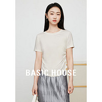 百家好（Basic House）美雅碧短袖T恤女夏设计感捏褶纯色圆领打底衫 白色 S
