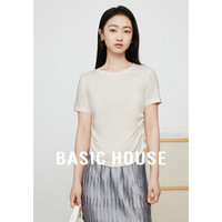 百家好（Basic House）美雅碧短袖T恤女夏设计感捏褶纯色圆领打底衫 白色 S