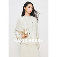 百家好(Basic House)别致木耳边雪纺衫女2024春季设计感荷叶边蕾丝衫 杏色 S