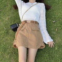 蕉品风悦a字半身裙女装2023韩版辣妹风复古裙子高腰显瘦包臀短裙 卡其 带内衬+腰带 L