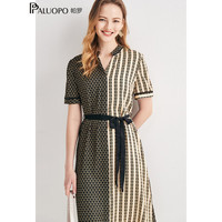 帕罗(PALUOPO)2024春夏小个子休闲显瘦真丝连衣裙气质小香风桑蚕丝中长裙子 黄黑夹花 XXL(175/96A)
