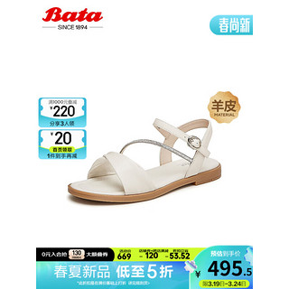 Bata时装凉鞋女2024夏商场百搭条带羊皮优雅软底凉鞋ABT22BL4 米白 36