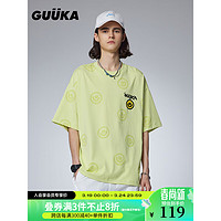 古由卡（GUUKA）xAGAHO联名笑脸短袖T恤男春夏潮 青少年休闲高级小众上衣宽松 荧光黄F7926 S