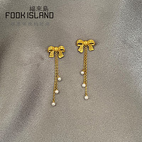 FOOK ISLAND/福来岛 福来岛 黄金耳钉999足金耳饰古法金个性蝴蝶结珍珠流苏耳饰时尚女