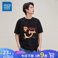 真维斯男女同款短袖夏季纯棉圆领印花T恤上衣DY 黑色2010 175/96A/M