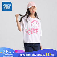 JEANSWEST 真维斯 夏季新款女装弹力平纹布圆领印花绑绳短袖T恤舒适JW 米白8110 M