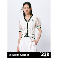 太平鸟短袖小香风针织开衫女2024夏装撞色拼接线针织上衣女 米白 L
