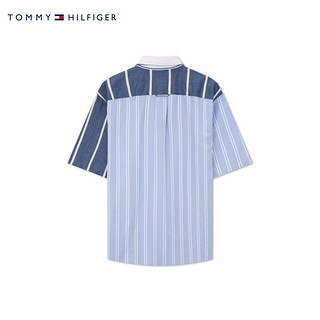 TOMMY HILFIGER24春季男度假透气棉麻混纺条纹拼接宽松短袖衬衫35210 蓝白条纹0A4 XS