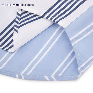 TOMMY HILFIGER24春季男度假透气棉麻混纺条纹拼接宽松短袖衬衫35210 蓝白条纹0A4 XS