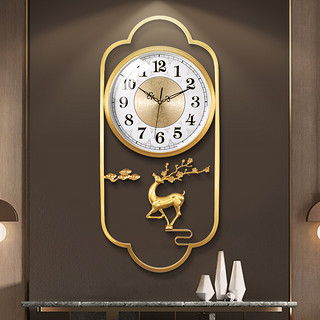 码仕 挂钟纯铜中式福鹿客厅家用时尚大气钟表复古轻奢创意挂表豪华客厅时钟98061C白盘