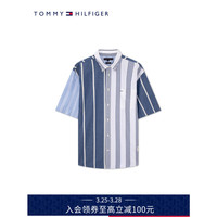 TOMMY HILFIGER24新款春季男度假透气棉麻混纺条纹拼接宽松短袖衬衫35210 蓝白条纹0A4