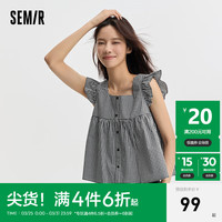 森马（Semir）无袖衬衫女短款修身方领温柔2024夏季纯棉小飞袖衬衣可爱 白黑色调00419 170/92A/XL