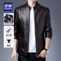 罗蒙(ROMON)立领皮衣男2024春秋百搭短款皮革外套中青年男士保暖皮夹克 酒红 170