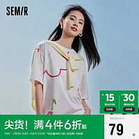 Semir 森马 短袖T恤女中长款2023夏季oversize不规则花朵少女感109323100011