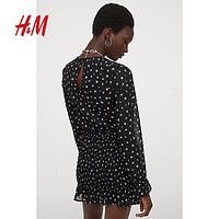 H&M 女装缩褶连衣裙早秋梭织圆领荷叶边黑色设计感短裙0918905 黑色/白色花朵 165/96A