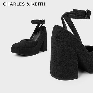 CHARLES&KEITH24春季绒布腕带方头防水台高跟鞋CK1-60280425 BLACK TEXTURED黑色纹理 35