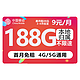 中国移动 CHINA MOBILE 欢乐卡 9元188G流量+本地号码+绑3亲情号+首月免费+送2张20元E卡