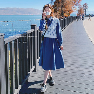 美茵曼丽2024春季高级感蓝色法式长袖连衣裙女学院风针织马甲两件装 ZB199D03 茵曼 湖蓝色 S（适合90-110斤）