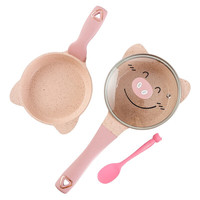 迪迪尼卡 宝宝辅食锅婴儿奶锅16cm小锅平底汤锅麦饭石不粘锅煮热牛奶锅 粉色（奶锅+煎锅+硅胶勺）