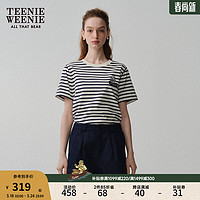 Teenie Weenie小熊女装2024春夏清新条纹圆领短袖T恤宽松上衣 白色 155/XS