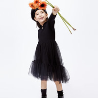 little MO&Co.美丽诺羊毛 little moco童装24春装女童长袖盘扣网纱连衣裙 黑色 120/60