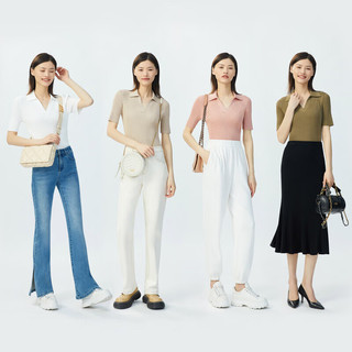 哥弟真的好女装简约竖坑条V型翻领短袖修身polo针织衫女T恤A301004 绿棕 S(2码)