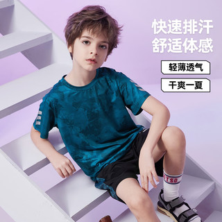 ASK JUNIOR男童套装2024夏薄款透气短袖t恤短裤快干运动跑步两件套 蓝色 110