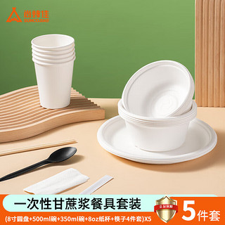 尚烤佳 Suncojia）一次性餐具套装 野餐餐具纸碗纸盘纸杯筷子勺子5套装 餐具套装|五套