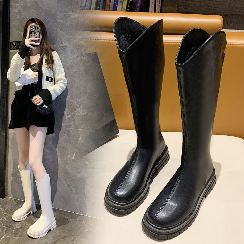 微光里 长筒靴女 骑士靴春秋粗跟高筒长靴小个子不过膝增高显瘦韩版靴子 黑色 38
