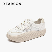 YEARCON 意尔康 厚底小白鞋女松糕鞋2024新款夏季休闲镂空透气运动网面板鞋
