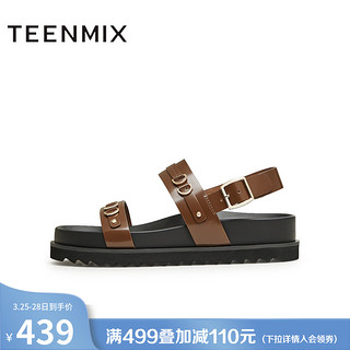 TEENMIX 天美意 一字带复古厚底凉鞋女外穿凉拖休闲拖鞋2024夏新款CQC14BL4