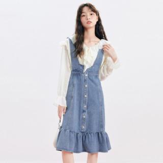 LEDIN 乐町 牛仔双色收腰背带裙秋季女乖巧甜连衣裙