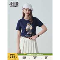 Teenie Weenie【索罗娜】小熊2024年夏季白色短袖T恤短款上衣 藏青色 160/S