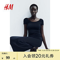 H&M2024夏季女装细纤维低圆领上衣1225184 黑色 155/80A