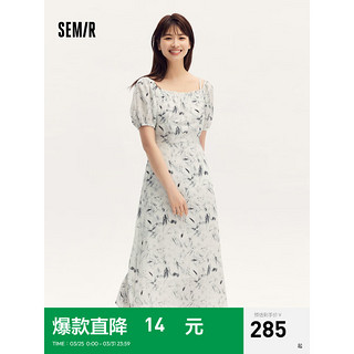 森马（Semir）连衣裙女水墨风满印修身2024夏国风肌理中长裙 黑白色调00391 170/92A/XL